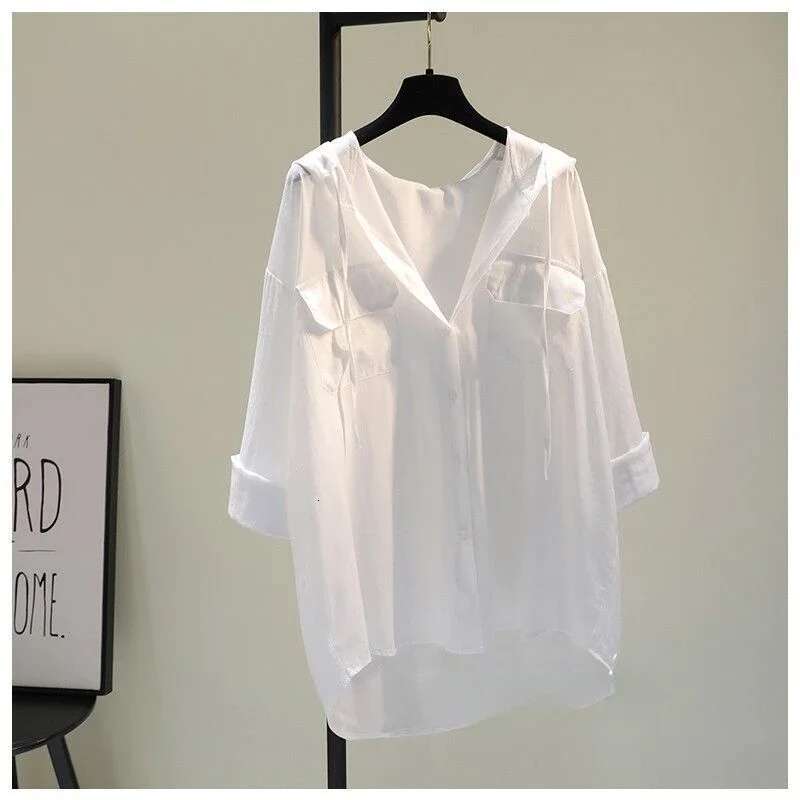White Hooded Blouses 2025 Womens Clothing Pocket Long Sleeve Casual Oversized Tops Sun Protection Shirt Summer Camisas Mujer