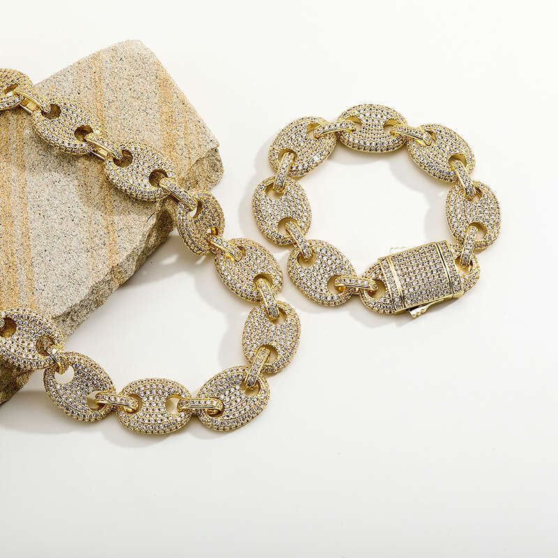 Hip Hop 18mm Large Gold Street Style Exaggerated Cuban Chain Full Dia Pig Nose Spliced Necklace Bracelet