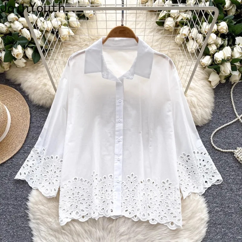 2025 Blusas Mujer De Moda Vintage Blouses Women Clothing Hollow Out Embroidery Flare Sleeve Shirt Loose White Summer Blouse Tops