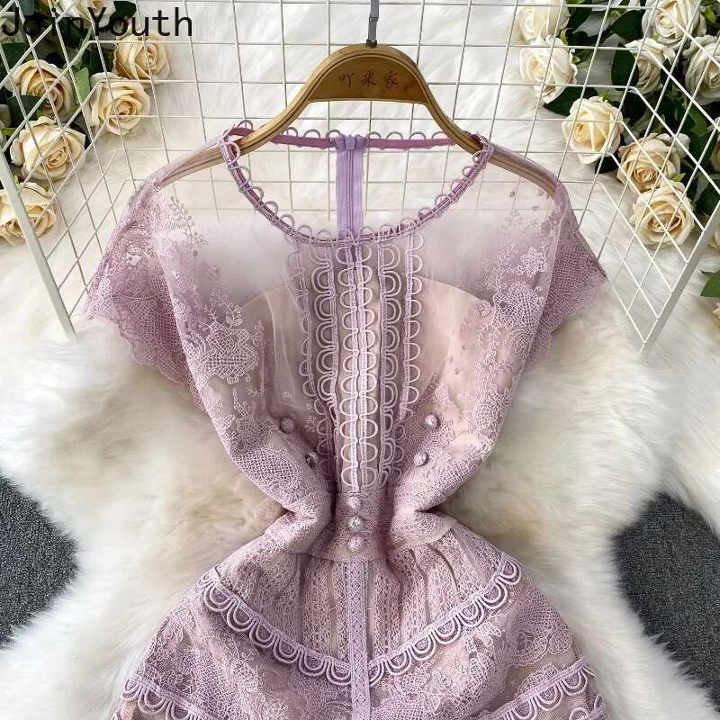 Temperament Robe Femme Elegant Dresses for Womens 2025 Vestidos De Mujer O-neck Short Sleeve Tunic Lace Emegant Summer Dress