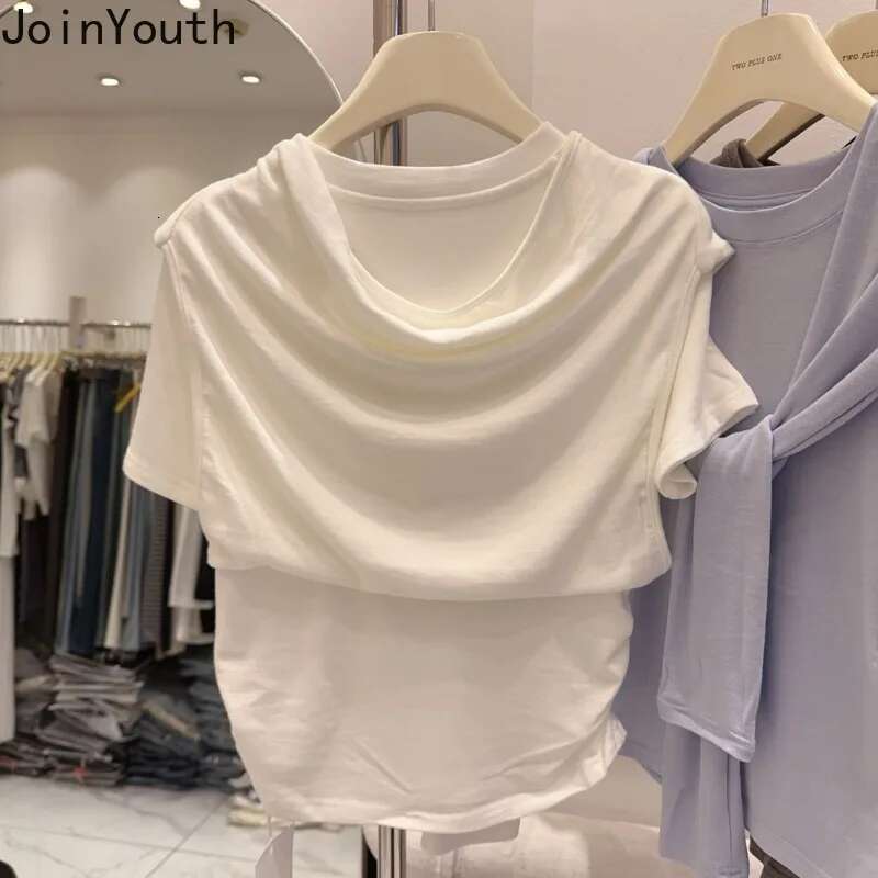 Chic Fake Two Tshirts Women Clothes Fashion White Camisetas 2025 Ropa Mujer Bandage Casual Folds Summer T-shirt Tops Korean Tees