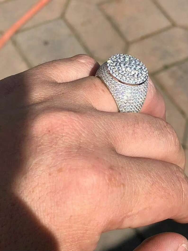 Mens Iced Out Moissanite Round Hip Hop Rapper Pinky Ring Solid 10K White Gold Sizes 7 to 11 PASSES DIAMOND TESTER