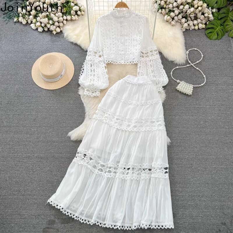 Skirt Outfits Women Clothes Two Piece Sets Lantern Sleeve Stand Neck Shirt High Waist A-line Suit Hollow Out Lace Chic White Set
