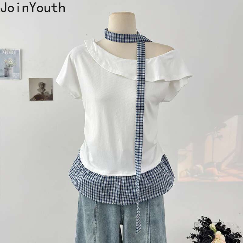 Summer Woman Tshirts Patchwork Plaid Camisetas Fake Two Korean Tees 2025 Ropa Mujer Off Shoulder Slim Fit Irregular T-shirt Tops