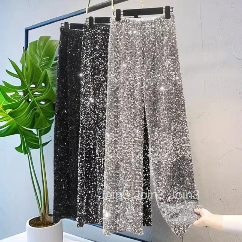 Heavy Sequin Wide Leg Pants Womens Clothing 2025 New Bottoms High Waist Tunic Straight Pantalon Femme Fashion Korean Trousers