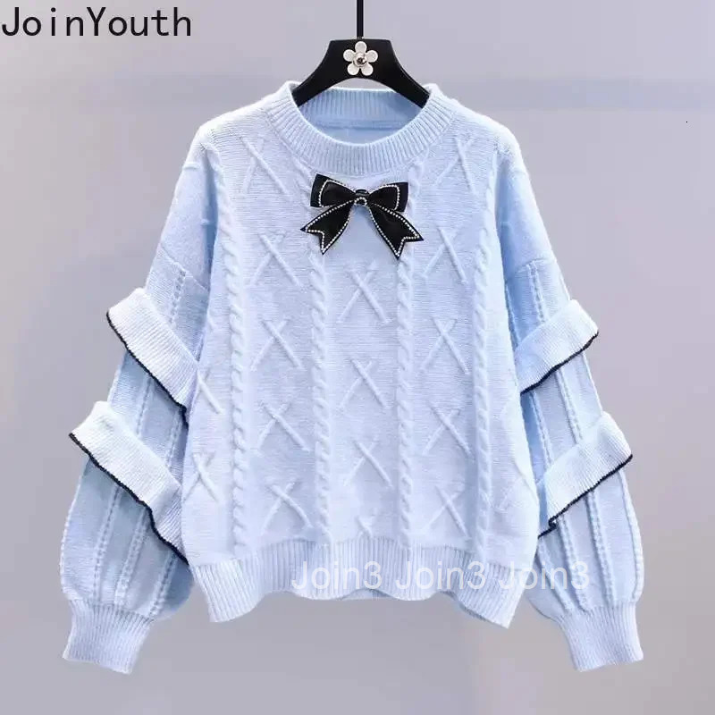Oversized Pullovers Women Sueter Mujer 2025 Winter Clothing O-neck Ruffles Bow Jumper Fashion Sweet Knitted Sweater Pull Femme