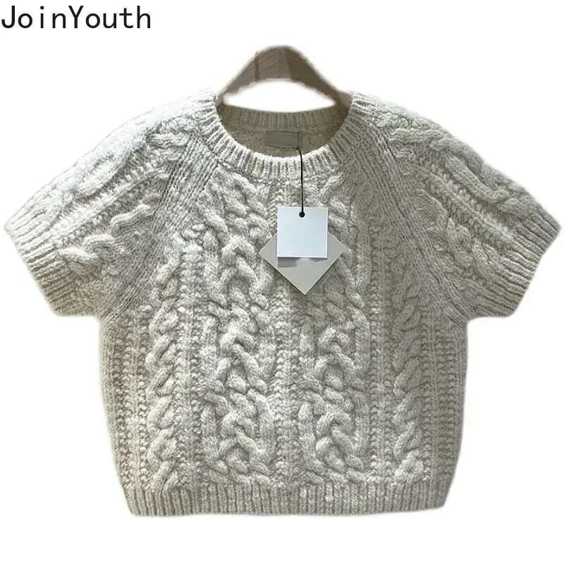 Korean Pullovers for Women 2025 Ropa Mujer O-neck Short Sleeve Knitted Ribbed Y2k Tops Pull Femme Fashion Cropped Sweater Jumper