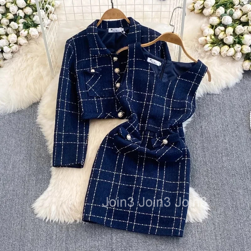 Two Piece Sets Womens Outifits Temperament Dress Suit Turndown Collar Long Sleeve Crop Jackets Tunic Tweed Plaid Dresses Set