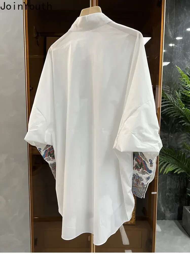 Women Clothing Vintage Oversized Blouses Fashion Stand Neck Long Sleeve Casual Blusas De Mujer Embroidery White Shirts Tops