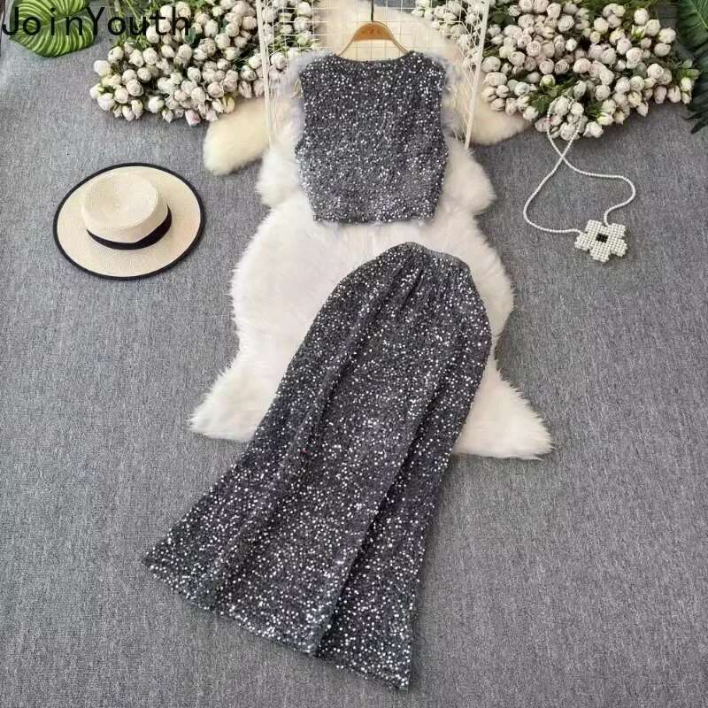 Fashion Outfits Women Clothing 2 Piece Set Sequin Feather Sexy Vest High Waist Bodycon Skirt Suit Roupas Femme Chic Summer Sets