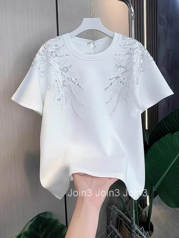 2025 Ropa Mujer White Tshirts for Women O-neck Short Sleeve Tees Fashion Sequin Diamond Camisetas Loose Casual Summer T-shirt