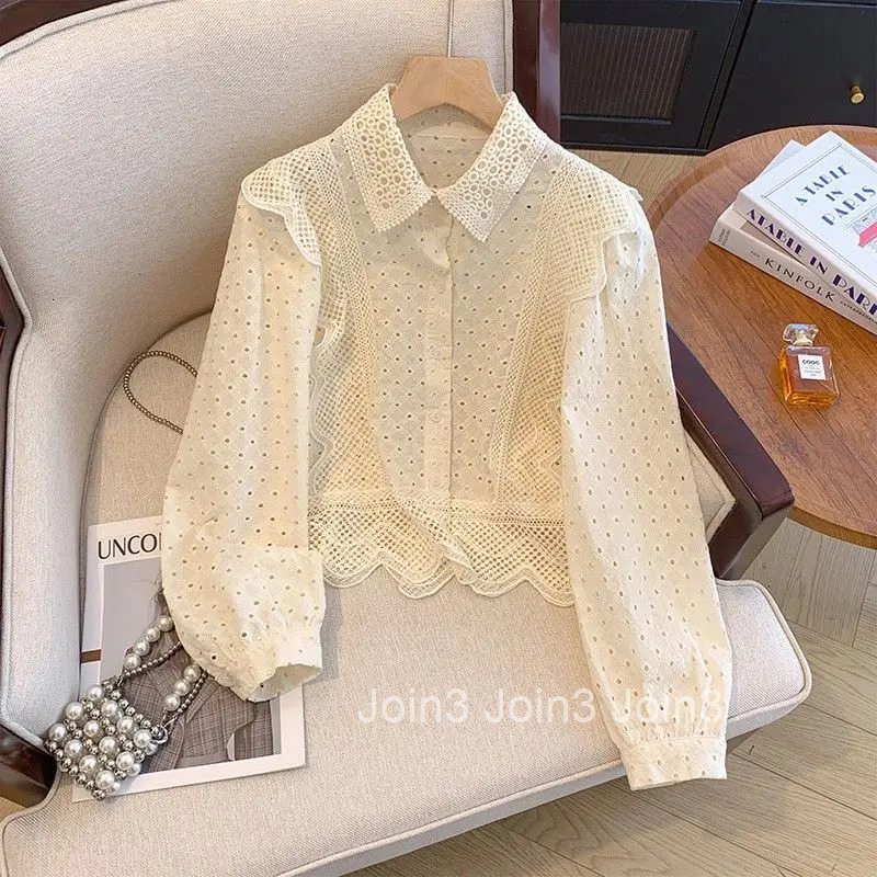 Crop Tops Women Shirt 2025 Blusas Mujer De Moda Hollow Out Patchwork Lace Long Sleeve Blouse Ruffles Chic Korean Sweet Blouses