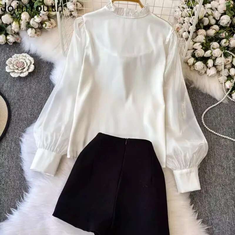 Korean 2 Piece Sets Womens Outfits 3D Floral Long Sleeve Blouse Heavy Beading Bodycon Mini Skirt Shorts Suit Fashion Summer Set