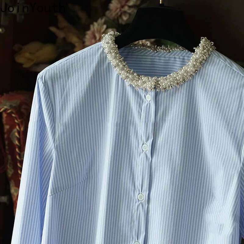 Women Clothing Striped Shirt Heavy Beading O-neck Long Sleeve Blouses Temperament Tops Loose Fashion Blouse Camisas De Mujer