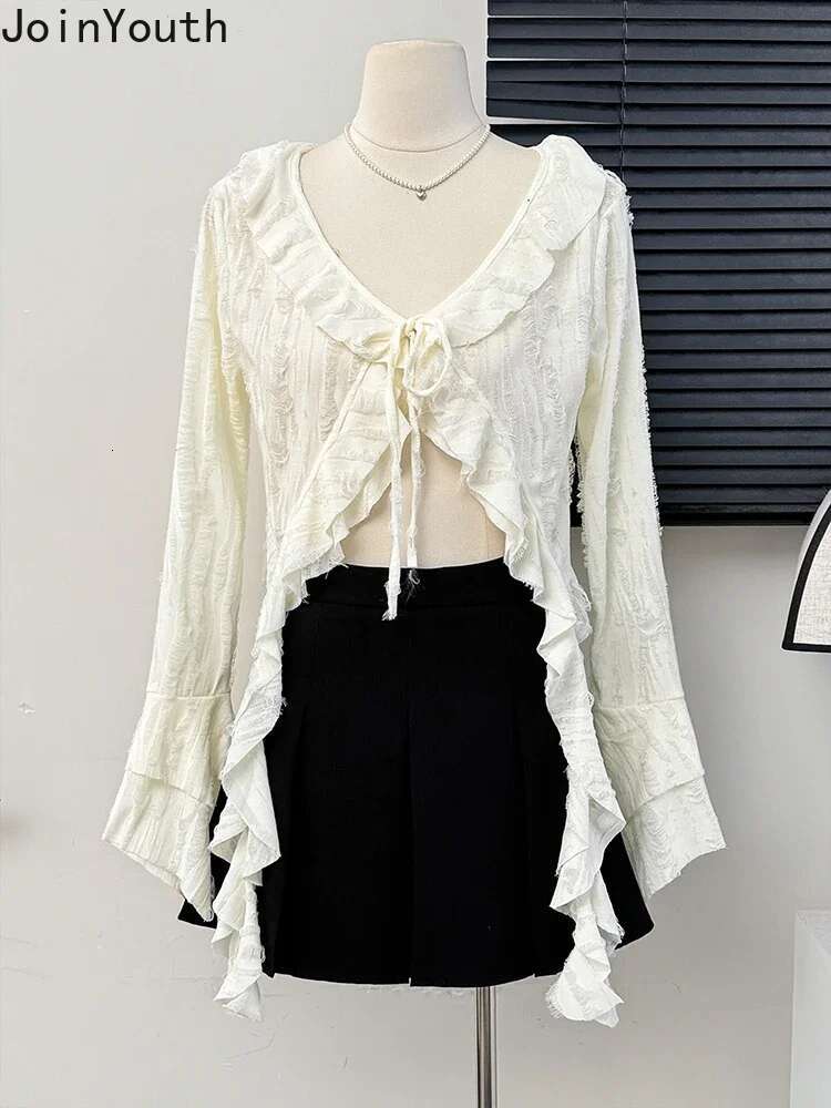 Irregular Crop Tops Blouses Women Hole Flare Sleeve Bandage Shirts 2025 Blusas Mujer De Moda Ruffles See Through Summer Blouse