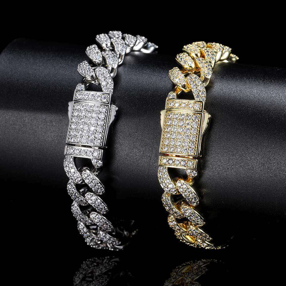 12mm Spring Snap Double Row Zircon Cuban Chain Trendy Personality Men's Hip Hop Necklace Bracelet e6a0