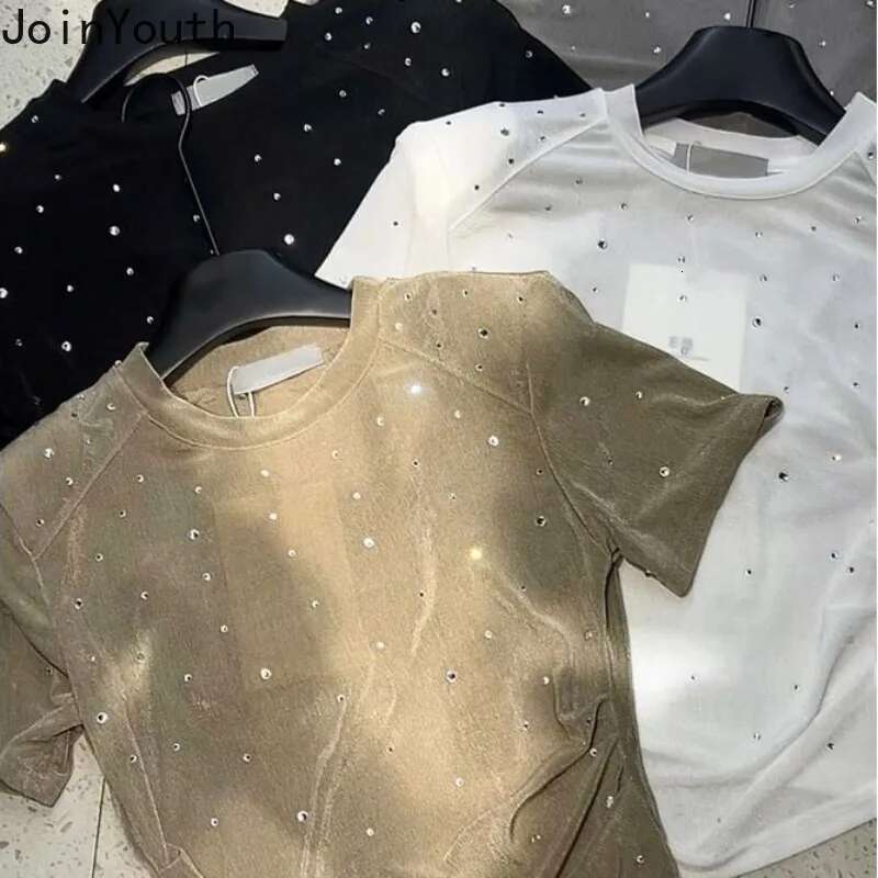 2025 Ropa Mujer Tshirts for Women White Sequin Diamond Crop Tops O-neck Tunic Short Sleeve Tees Casual Chic Sexy Y2k T Shirt