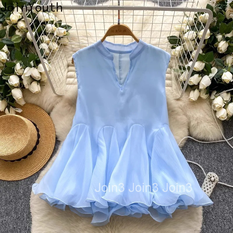 2025 Camisas De Mujer Summer Blouses Temperament Tops Female V-neck Sleeveless Loose Shirts Ruffles Solid Color Tunic Blouse