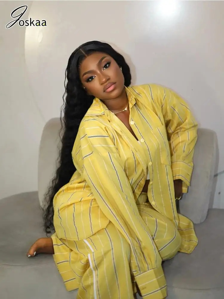 Joskaa Striped Print 2 Piece Sets Women Hipster Long Sleeve Blouse Tops and Wide Leg Pants Matching 2025 Tracksuits Streetwear 250617