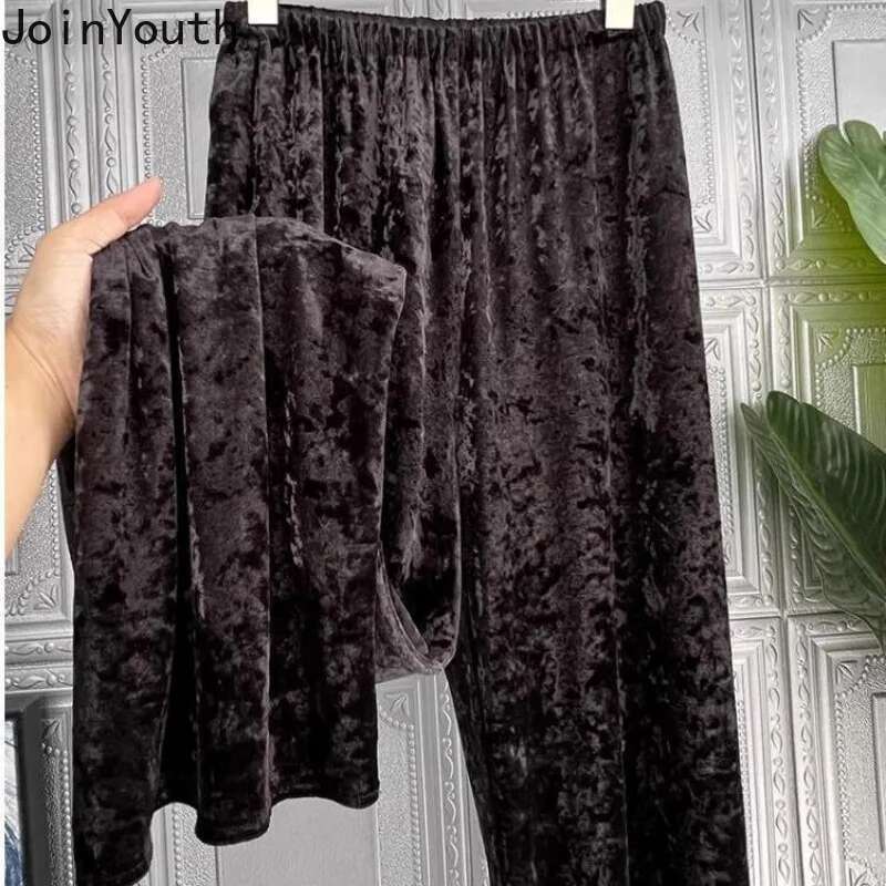 Temperament Wide Leg Pants Womens Clothing 2025 New Bottom Straight Tunic Trousers High Waist Vintage Velvet Pantalon Femme