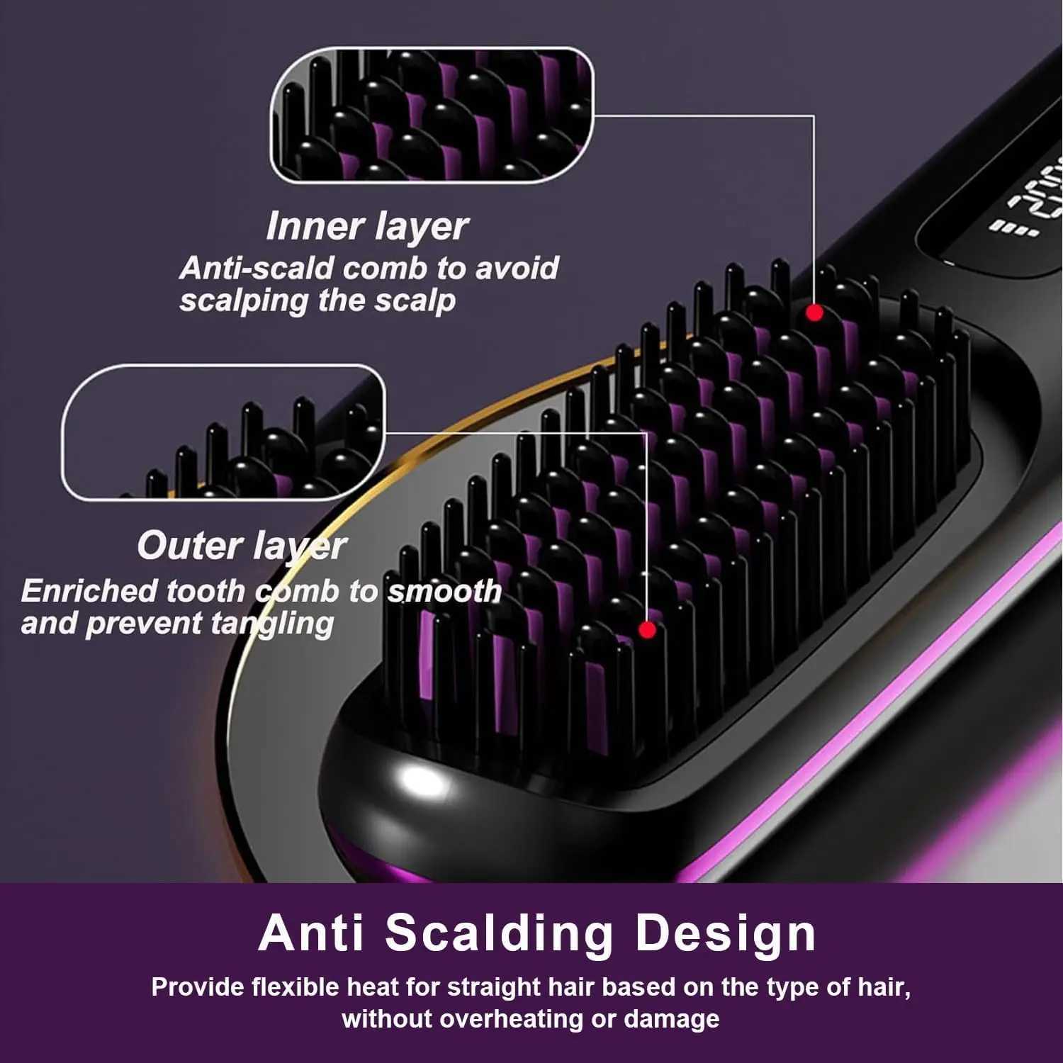 Electric LCD Usb Hair Straightener Brush -Portable Mini Hair Straightener Comb Dual Voltage with 3Temp-SettingsTravel-ReadyXJ250621
