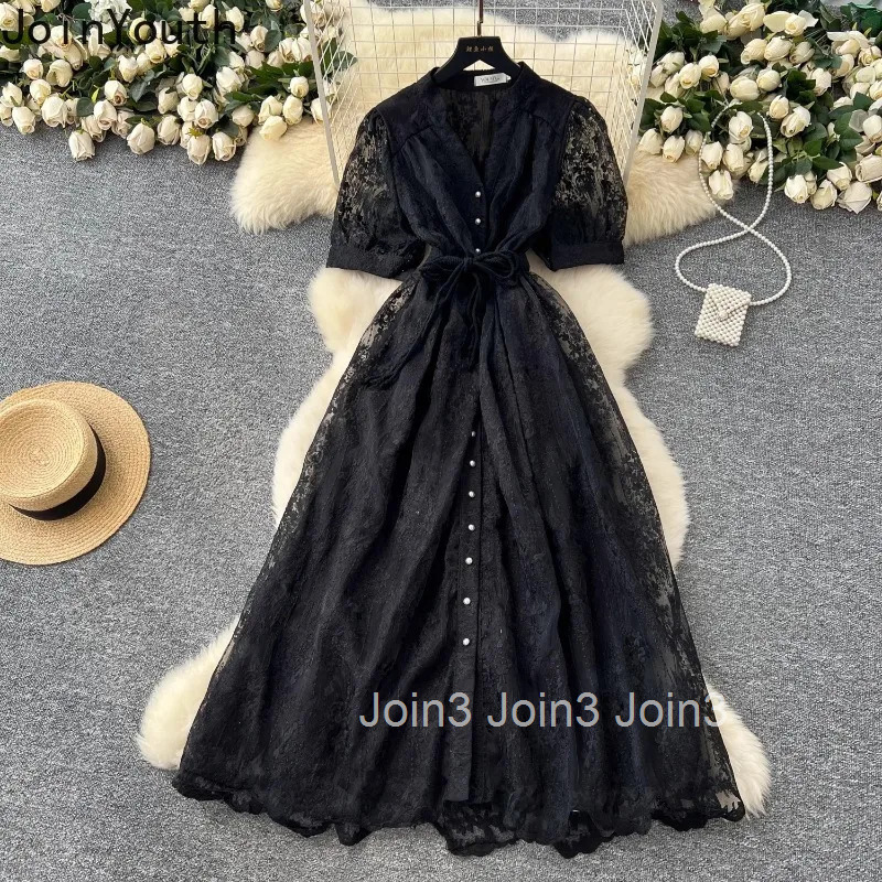 2025 Vestidos De Mujer Vintage Summer Dresses for Women Bandage Slim Waist Lace Robe Femme Chic Korean A-line Elegant Maxi Dress