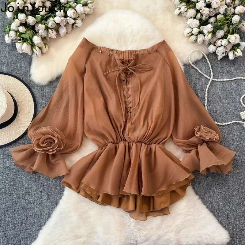 2025 Blusas Mujer De Moda Slash Neck Long Sleeve Blouses Women Clothing Vintage Bandage Tops 3D Floral Fashion Chiffon Shirts