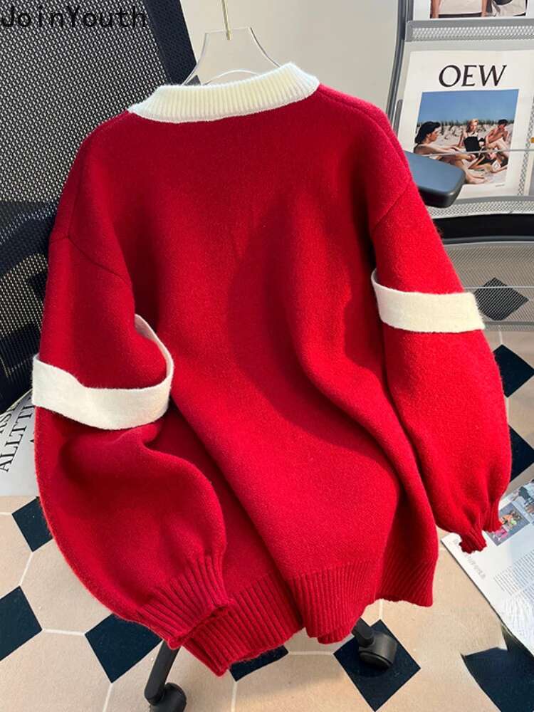 Sweet Sweater Tops Women Clothing Bandage Bow Red Jumper Sueter Mujer O-neck Long Sleeve Knitwear Oversized Pullovers Pull Femme