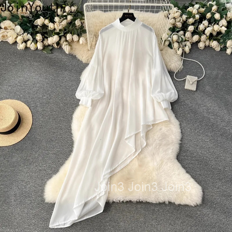 2025 Vestidos De Mujer Irregular Dress Womens Clothing Lantern Sleeve Stand Neck Loose Robe Femme Chic Chiffon Loose Dresses