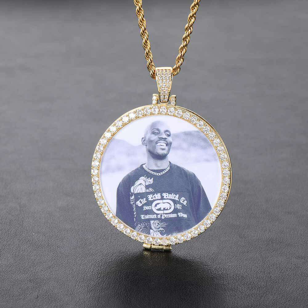 Pendant Micro Paved Zircon Trendy Flip Cover Round Photo Frame Necklace Hip Hop Accessories 2441