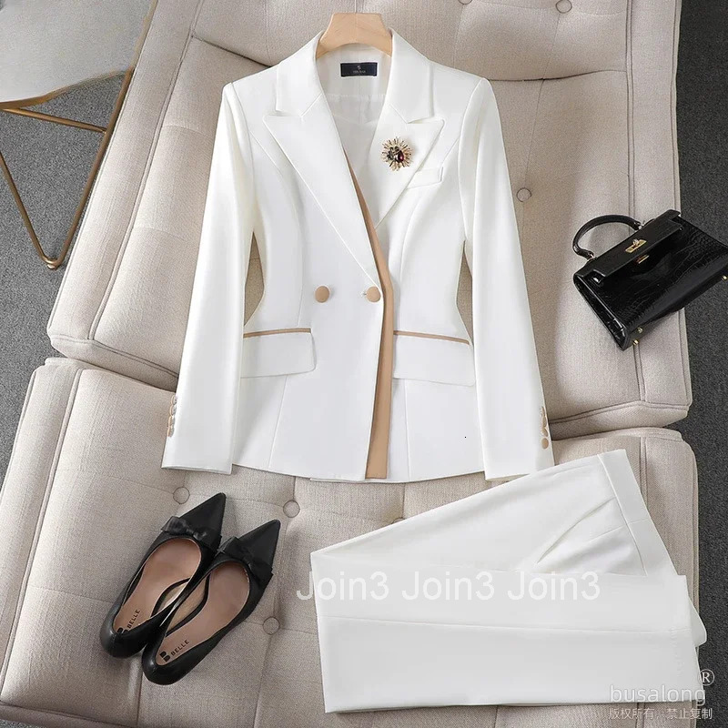 Temperament Korean Suit Fashion Pant Outfits Two Piece Sets Long Sleeve Tunic Coat High Waist Straight Pants Set Roupas Femme