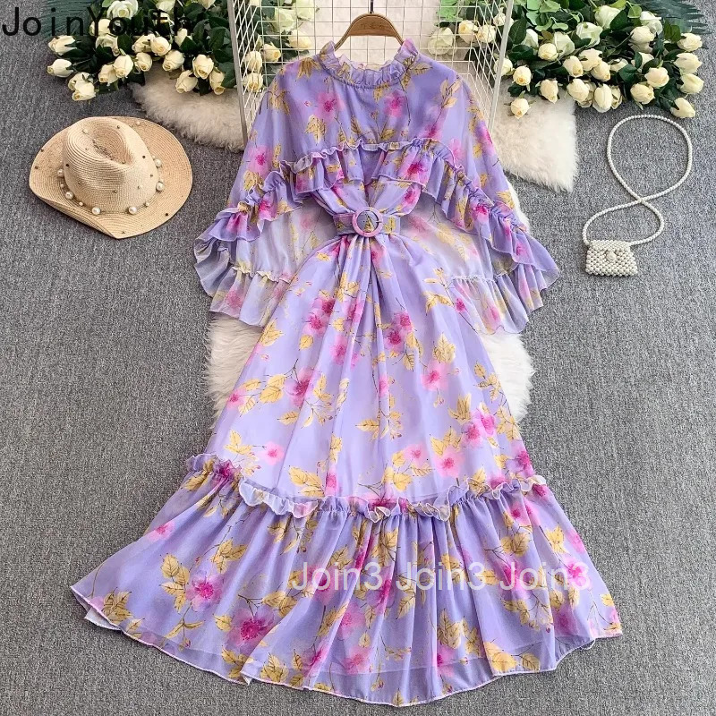 Floral Sweet Dresses Women Clothes O-neck Flare Sleeve Slim Waist Robe Femme 2025 Vestidos De Mujer Ruffles Chiffon Summer Dress