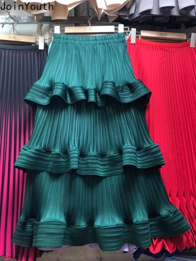 Folds Skirt Women Fashion Ruffles Jupe 2025 Faldas Mujer De Moda High Waist Solid Color A-line Saia Thin Summer Pleated Skirts