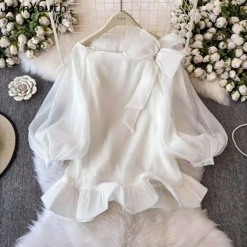 2025 Women Clothes Chic Blouses Camisas De Mujer Slash Neck Diamond Bow Puff Sleeve Shirts Solid Color Ruffles Summer Blouse Top