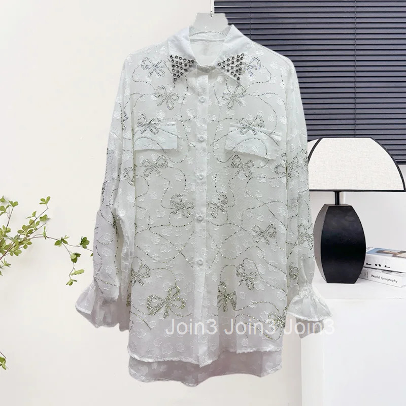 Summer Blouses Fashion Womens Clothing 2025 Blusas Mujer De Moda Long Sleeve Chiffon Diamond See Through Shirts Tops Female