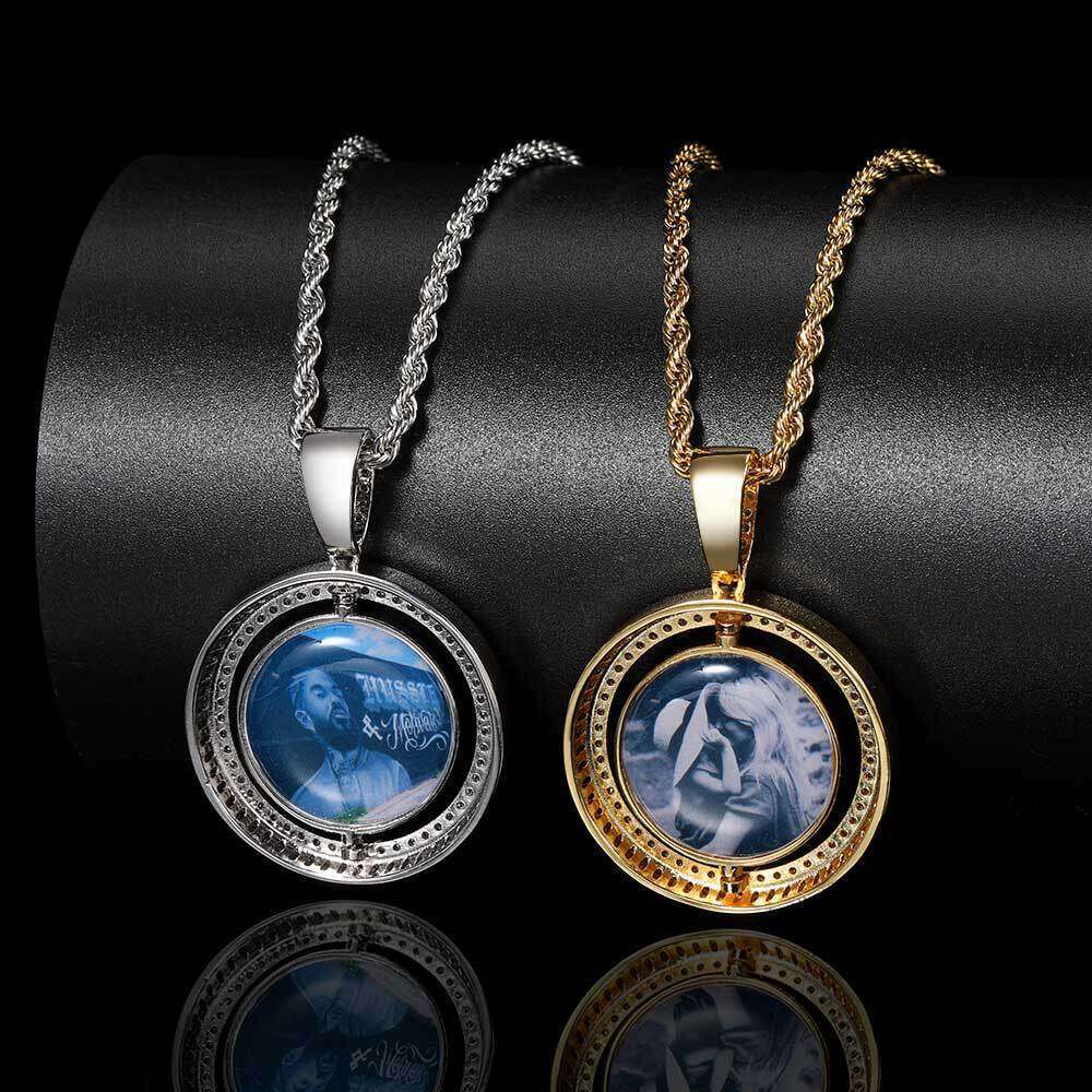 Hip Hop Frame DIY Creative Rotatable Hollow Double-Sided Round Photo Pendant Jewelry Trendy Brand 35d9