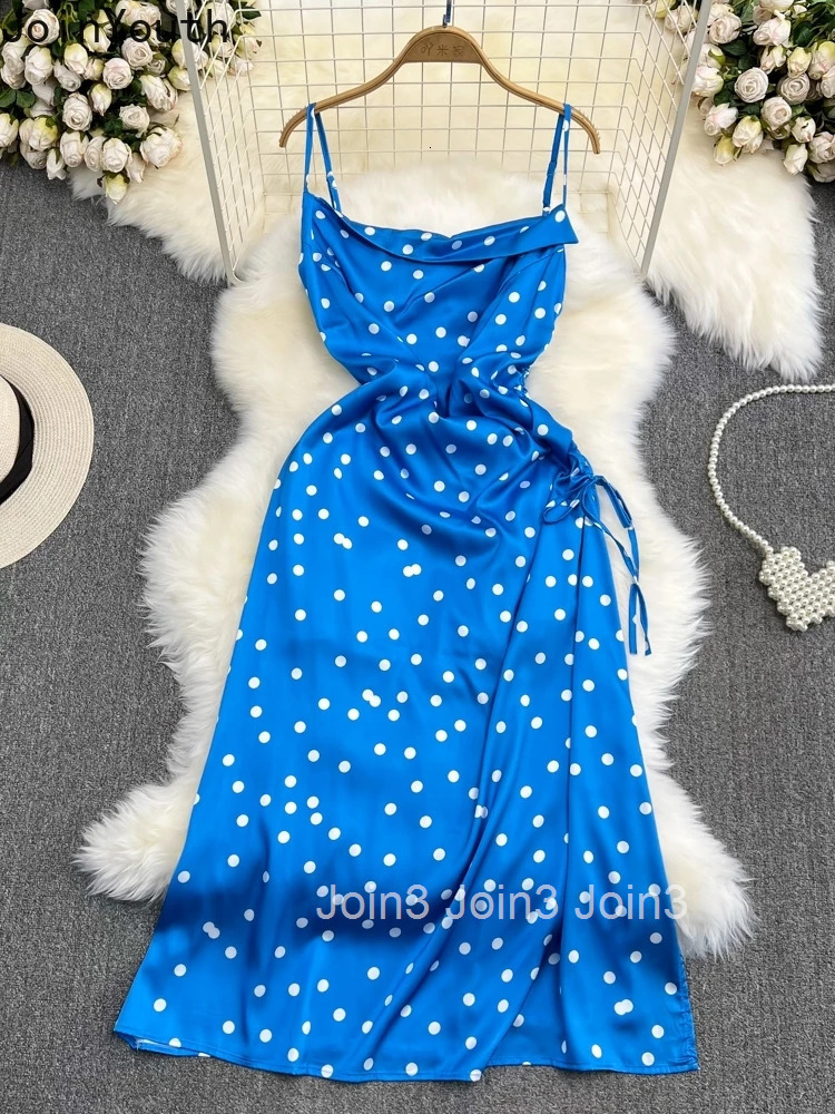 Summer Dress for Women Slim Waist Sleeveless Sling Robe Femme 2025 Vestidos De Mujer Polka Dot Drawstring Fashion Dresses 27v724