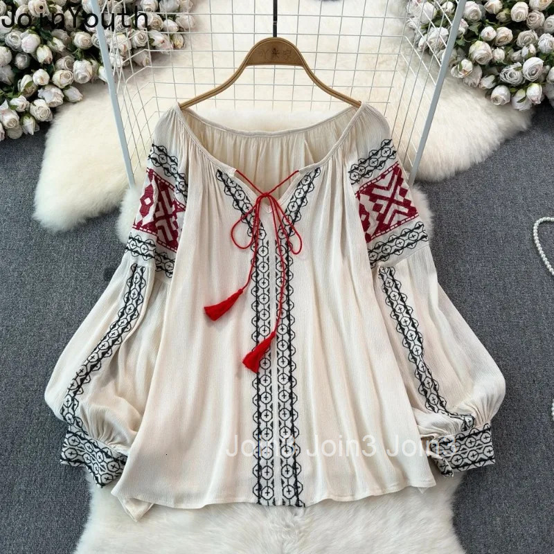 Vintage Shirt Womens Clothing Heavy Embroidery Temperament Blouses Loose Tops Bandage Tassel Summer Blouse Camisas De Mujer