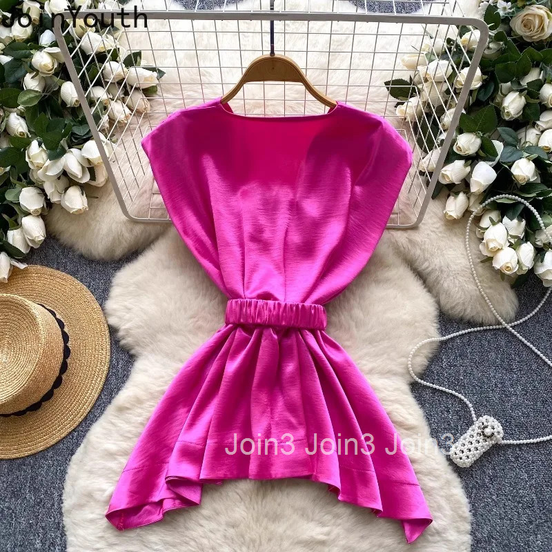 2025 Blusas Mujer De Moda Sleeveless Tunic Blouse Womens Clothing Temperament Lady Tops Slim Waist Folds Summer Shirt Blouses