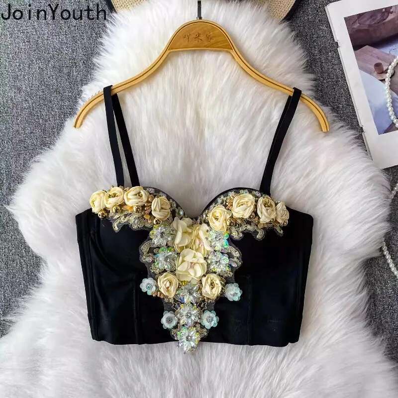 Heavy Diamond Women Tanks Crop Tops Temperament Tees 3D Floral Slim Fit Summer Camis Fashion Korean Summer Sexy Vest Ropa Mujer