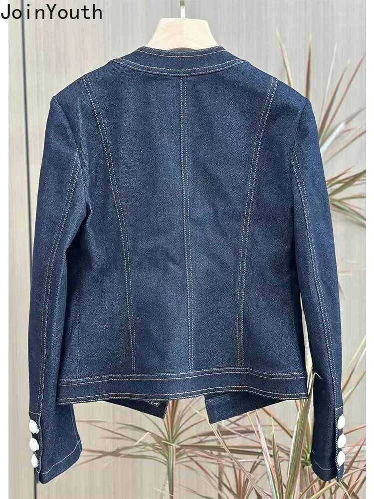 Vintage Jean Jackets Womens Clothing Temperament Tops O-neck Tunic Long Sleeve Casual Pockets Chic Y2k Coat 2025 Ropa Mujer