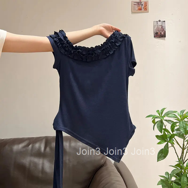 Korean T Shirt Womens Bandage Short Sleeve Ruffles Skew Collar Tunic Tees Summer Camisetas Off Shoulder Irregular Sexy T-shirts