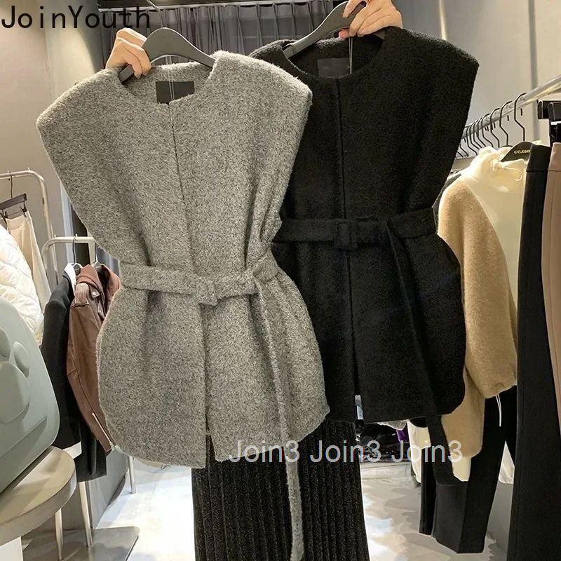 Korean Vest for Women 2025 Roopa Mujer Vintage Sleeveless Loose Tanks O-neck Sleeveless Tunic Bandage Solid Color Cropped Tops