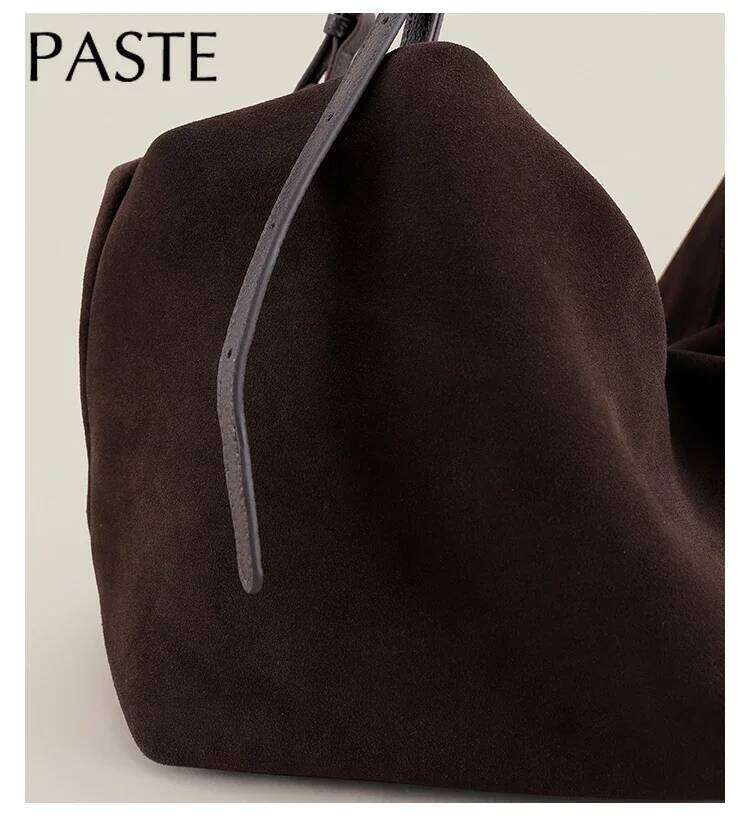 European American Style 100% Natural Suede Cow Leather Tote Huge And Lazy Commuting Nubuck Winter Handbag Camel