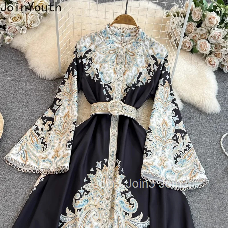 Flare Sleeve Elegant Dresses Women Stand Neck Slim Waist Single Breasted Vestidos De Mujer Korean Chic Vintage Summer Maxi Dress
