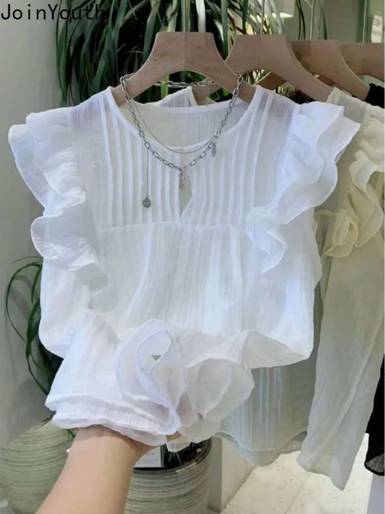 White Blouses for Women 2025 Blusas Mujer De Moda Sleeveless O-neck Loose Shirts Ruffles Loose Vintage Summer Blouse Tops Female