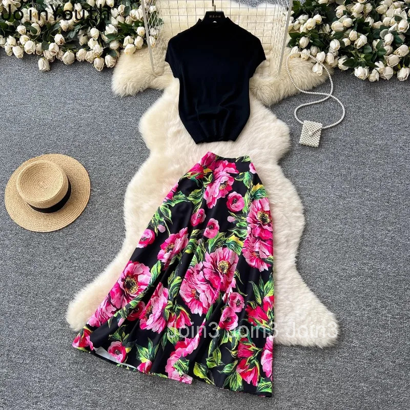 Sweet Women Clothes Skirt Outfits 2 Piece Sets Knitted Short Sleeve Tops High Waist A-line Floral Skirts Suit Fashion Summer Set