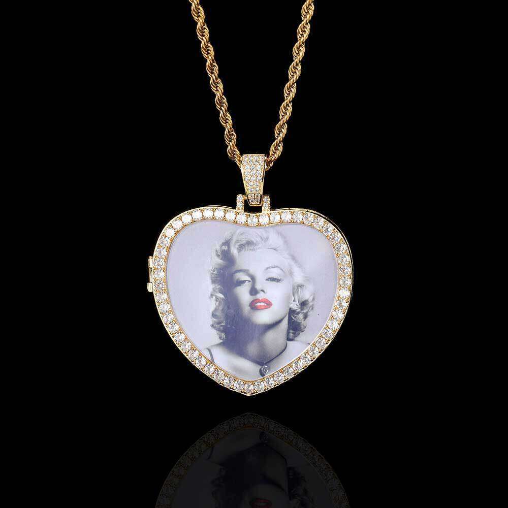 Hip Hop Hollow Flip Cover Heart Pendant Micro Paved Zircon Personality Photo Necklace 1405