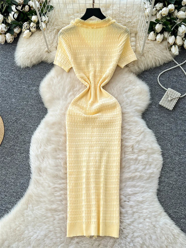 SINGREINY Workwear Elastic Knitted Dres Short Sleeves Single Breasted n 2025 Summer Korean Vintage Split LongDress 250616