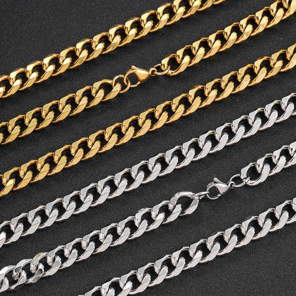 Trendy Hip-Hop 11mm Titanium Necklace Six-Sided Polished Cuban Chain Stainless Steel Men's Bracelet Jewelry 63f7
